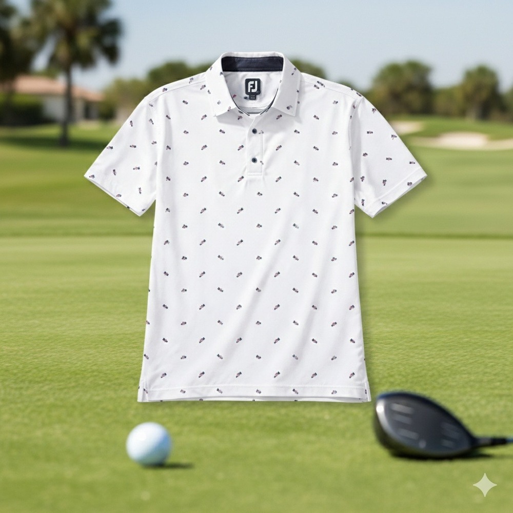 FootJoy L Mens Golf Polo Shirt White Pink Navy Allover Golf Shoe Print FJ Logo